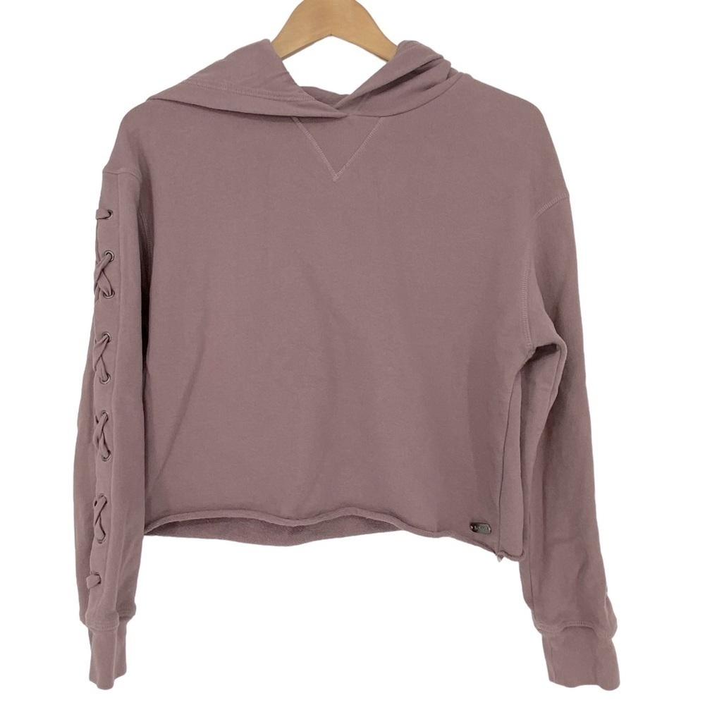 MNY mauve pink laced sleeve cropped pullover athleisure hoodie top, medium